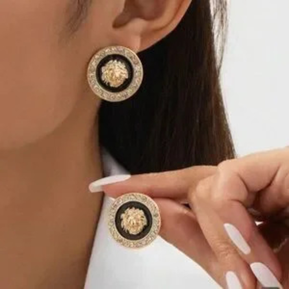 Regal Noir Lion Medallion Studs Earrings